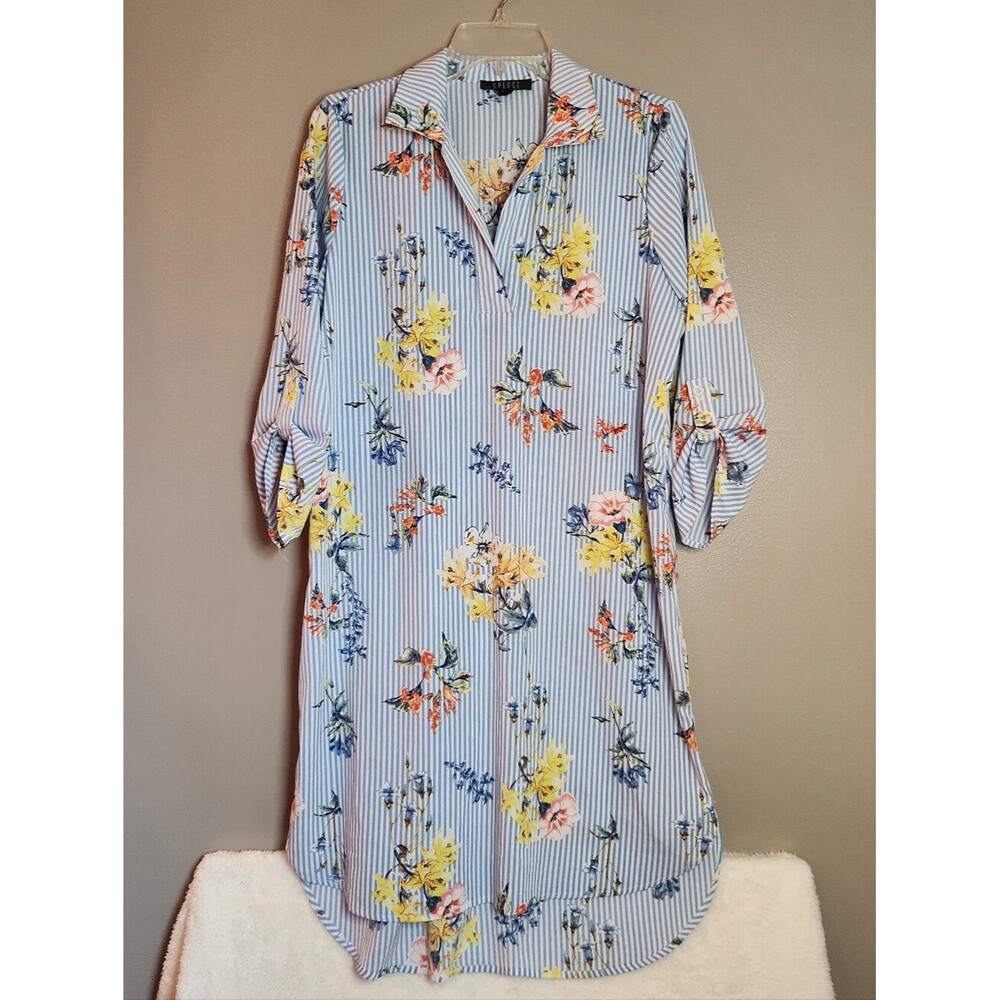 Spense Blue Stripe Floral Tunic Dress with Yellow & Pink Flowers